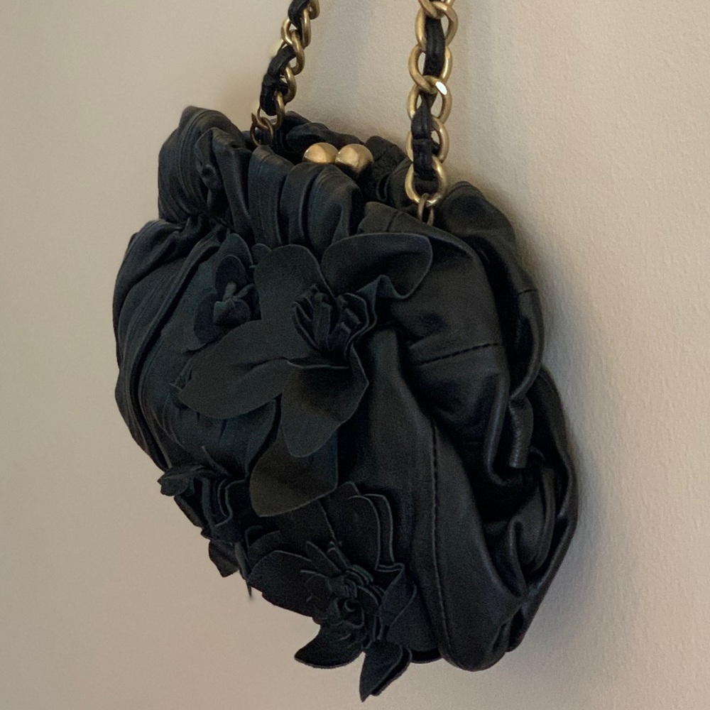 Adrienne Vittadini Black Leather Bag Purse with Leather Flowers - Picture 3 of 11